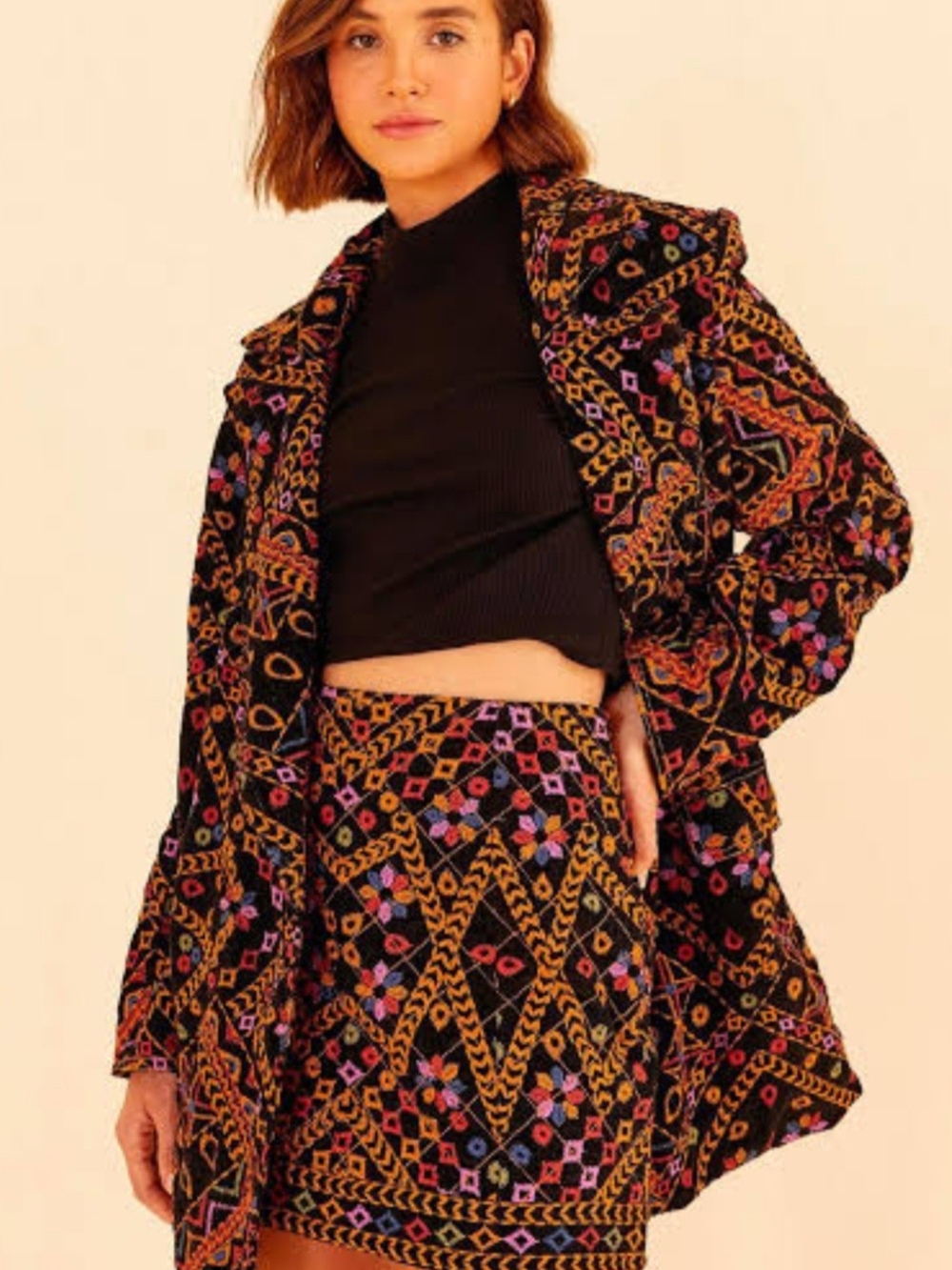 NWOT FARM Rio Embroidered Cotton-Corduroy Blazer & Mini Skirt Set